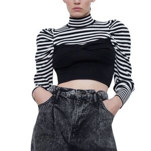 NWT ZARA Stripe Puff Sleeve Corset Turtleneck Sweater Black and White L